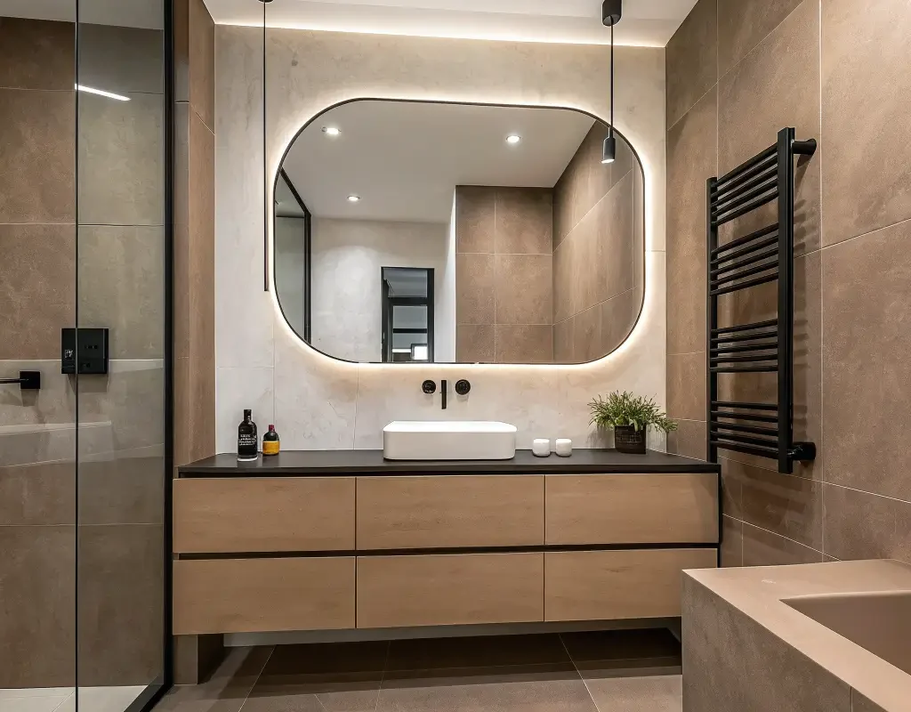 Modern Minimalist Brown Tile Bath