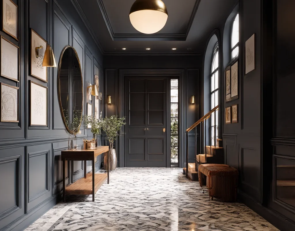 Moody Luxe Hallway with Dark Walls