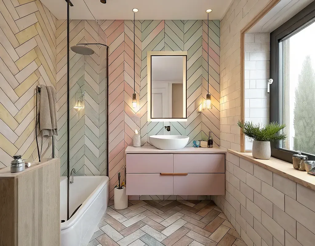 Pastel Herringbone Bathroom for Soft Look