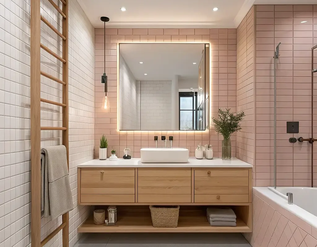 Pink Tile Meets Natural Wood