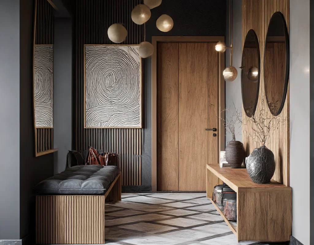 Scandinavian Modern Entryway with Wood and Marble Mix