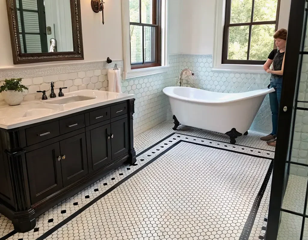 White Penny Tile with Black Border Trim