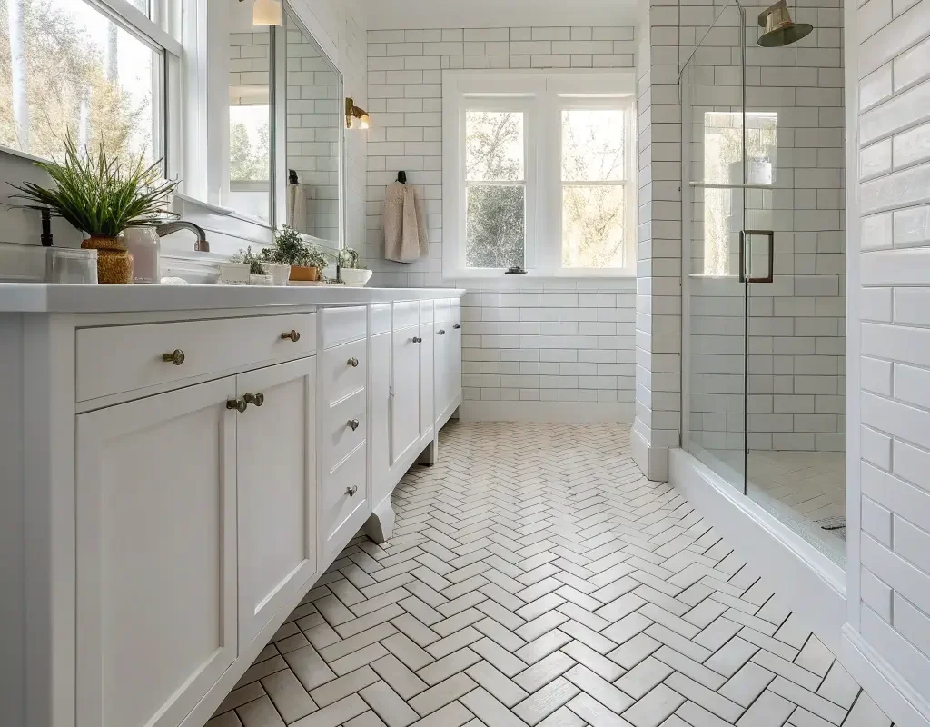 White Subway Herringbone Floor