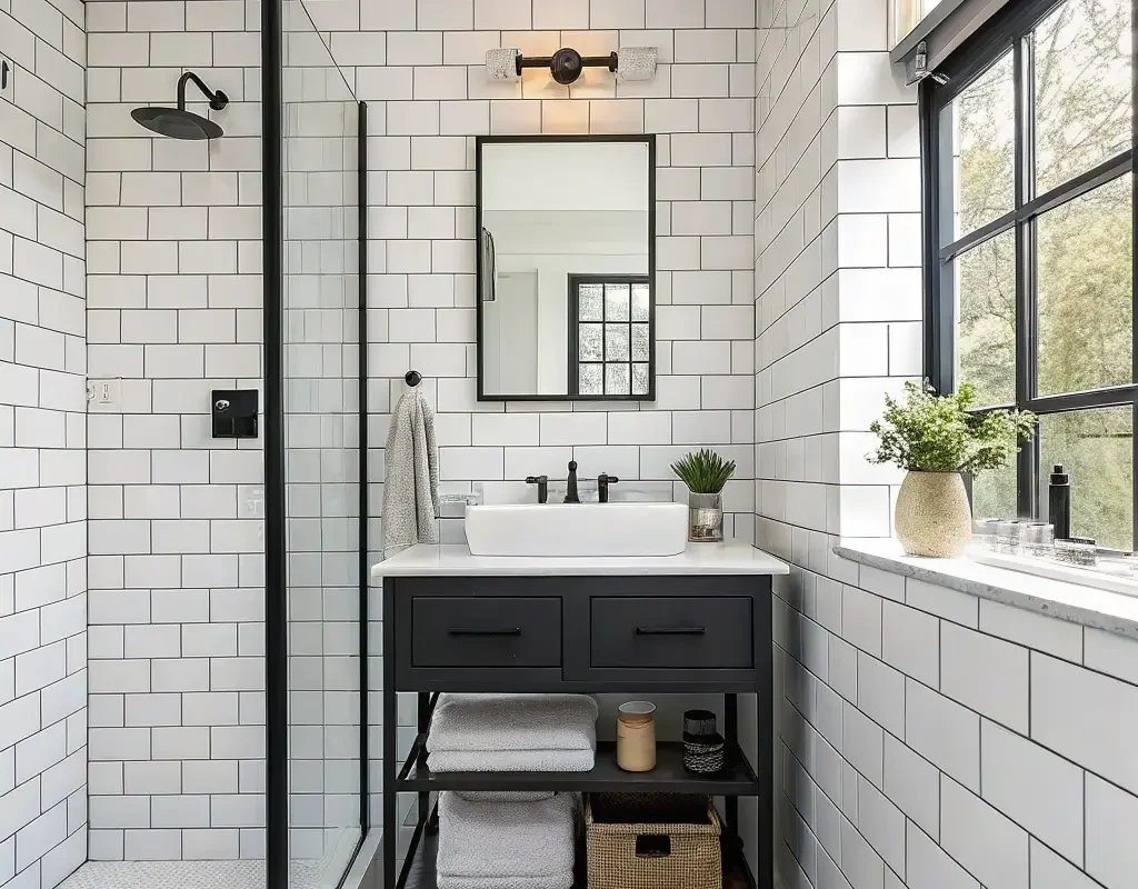 White Subway Tiles with Black Grout Contrast