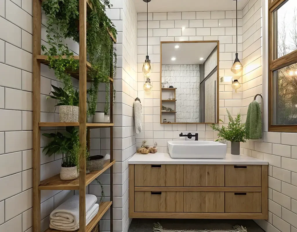 White Subway Tiles with Natural Wood Accents