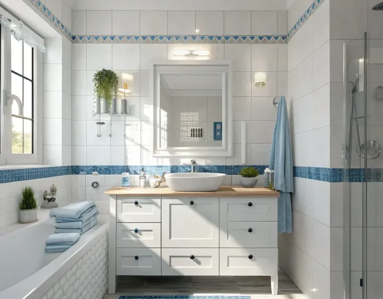 White Tiles with Blue Accents