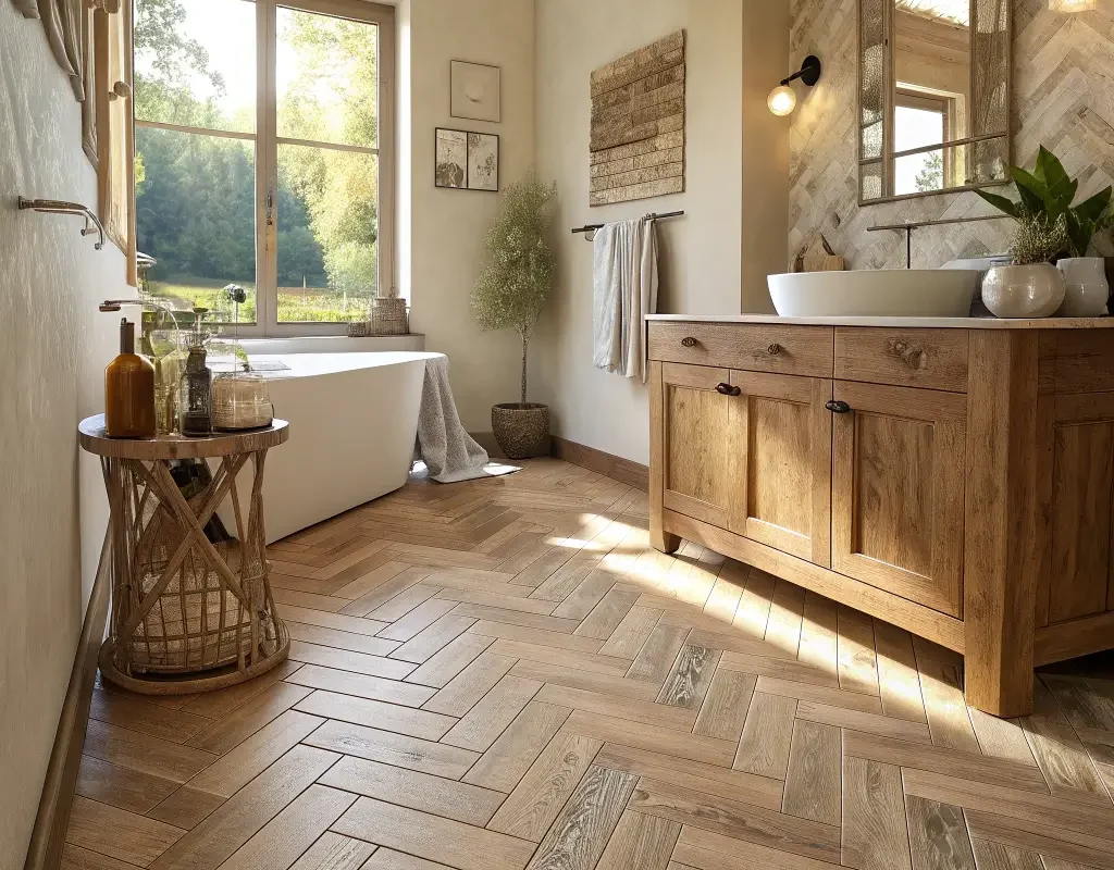 Wood Look Herringbone Bathroom Floor