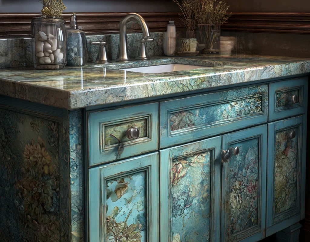 aqua botanical vanity with marble top