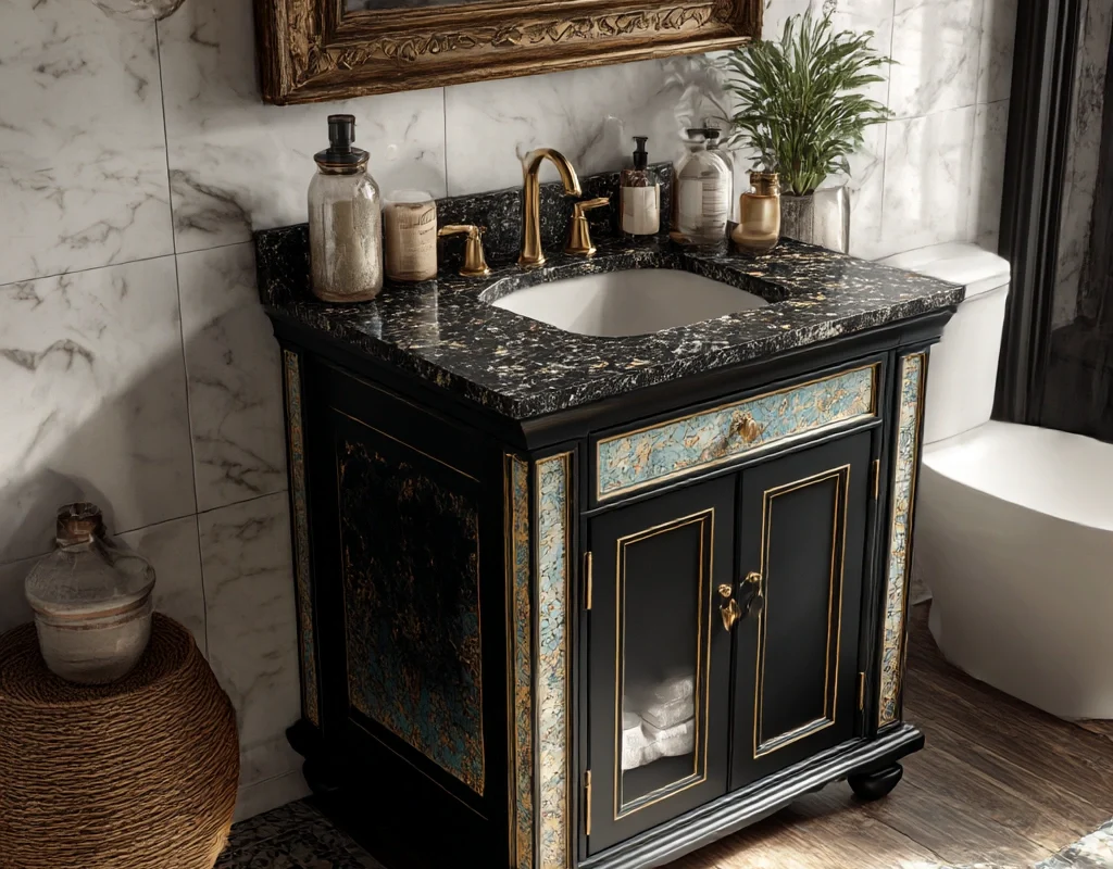 black marble vanity with gold trim