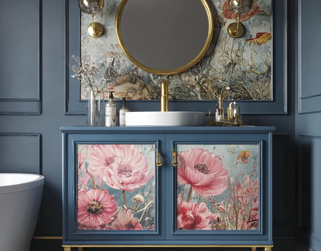 botanical blue vanity with floral panels