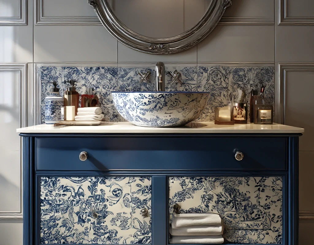 classic blue and white ceramic vanity