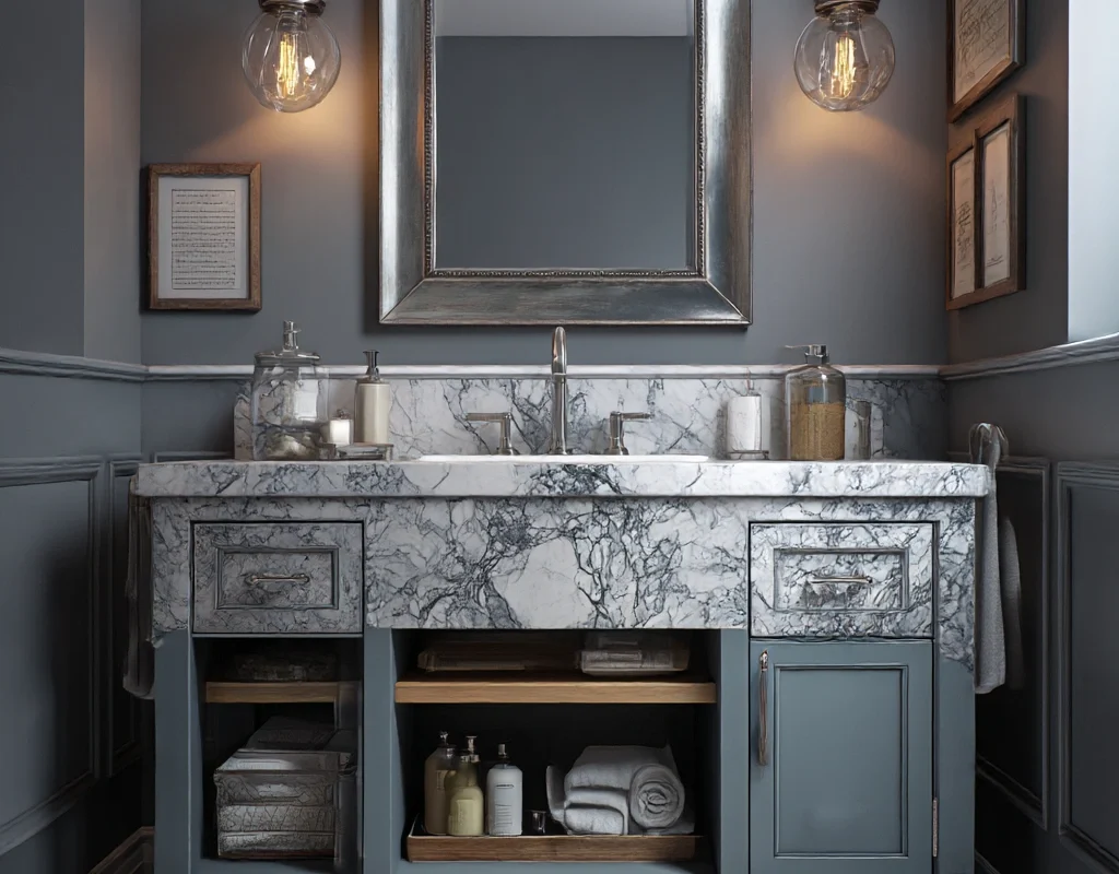 classic blue grey vanity with marble top