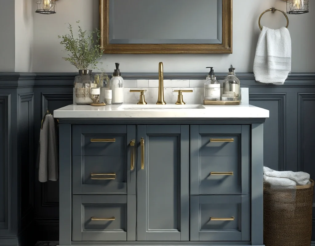 contemporary grey vanity with brass hardware