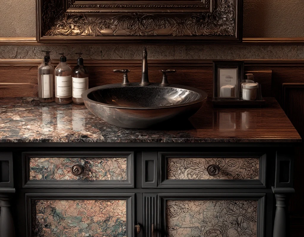 copper luxe vanity with textured panels