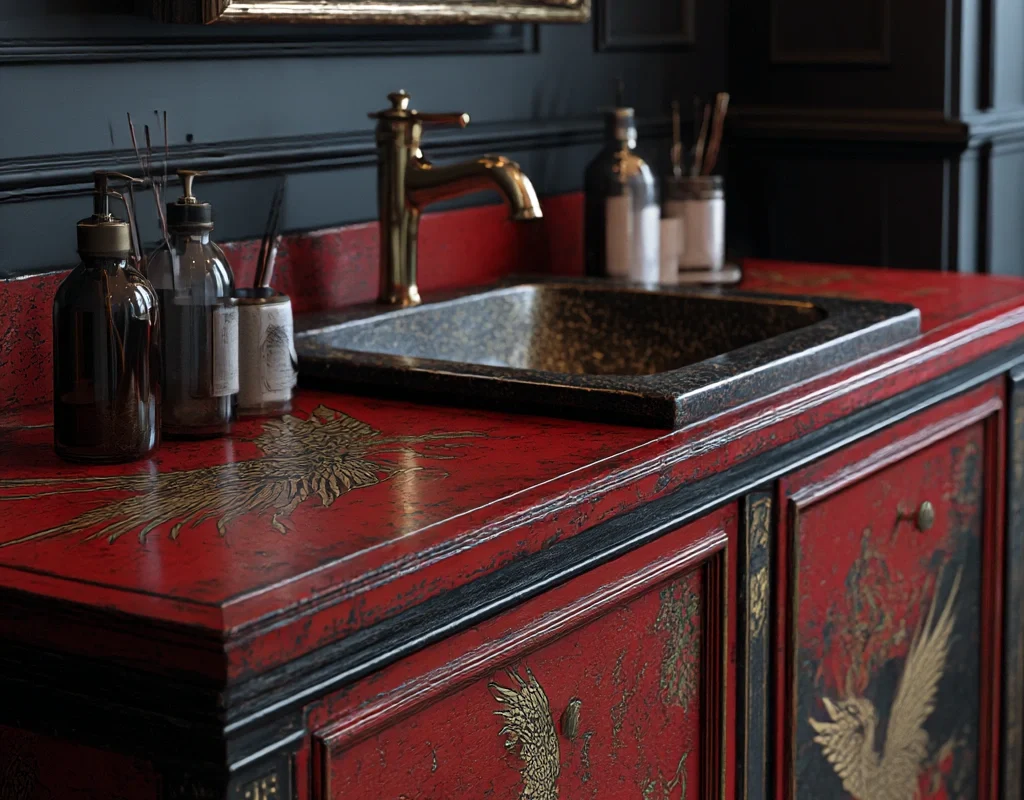 oriental red and gold vanity with crane motif