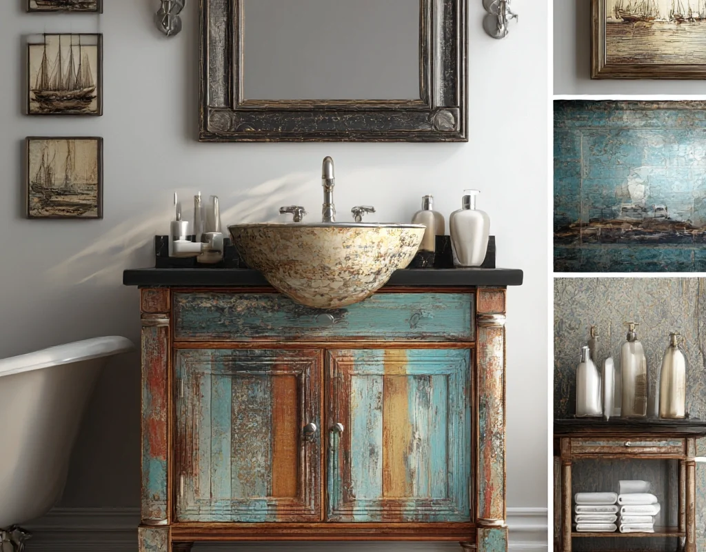 rustic coastal vanity with patina finish