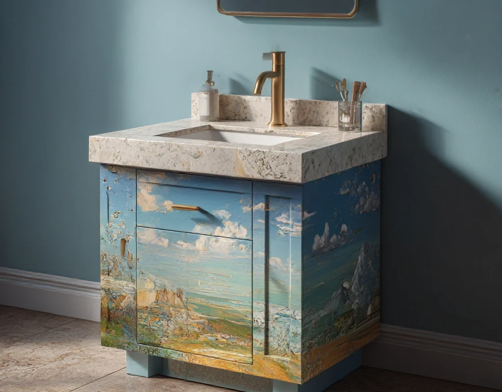 skyline blue vanity with art inspired detailing