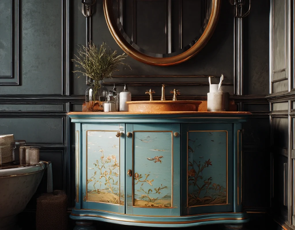 vintage teal vanity with gold accents