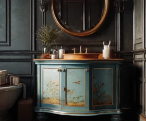 vintage teal vanity with gold accents