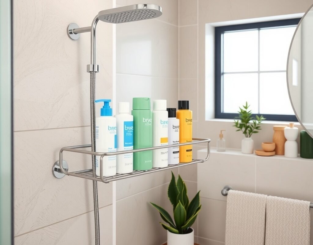 add a tension rod shelf in the shower for bottles