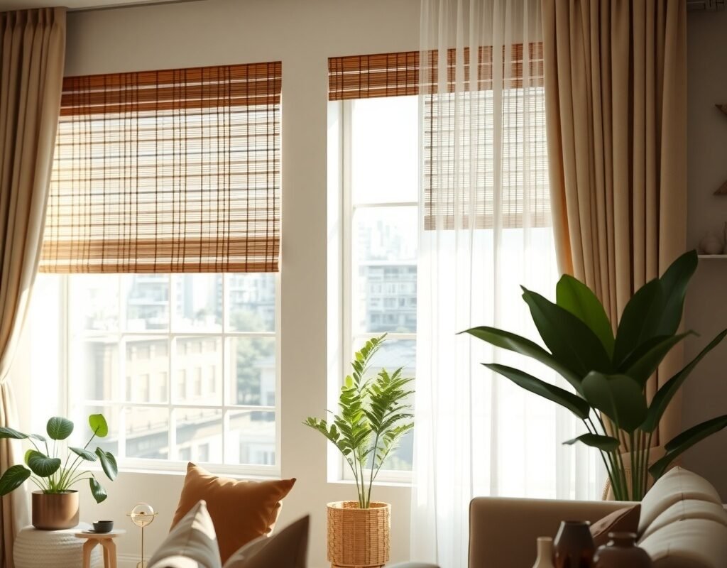 bamboo or woven blinds with side curtains