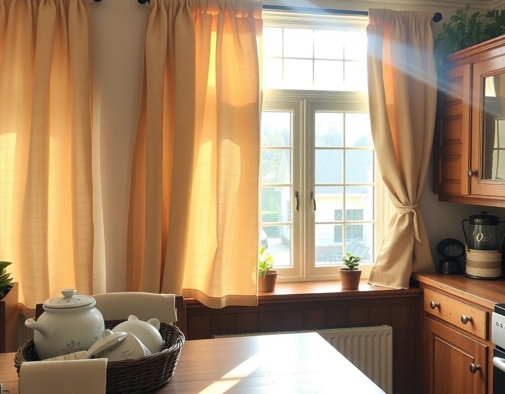 beige farmhouse curtains with simple tie backs