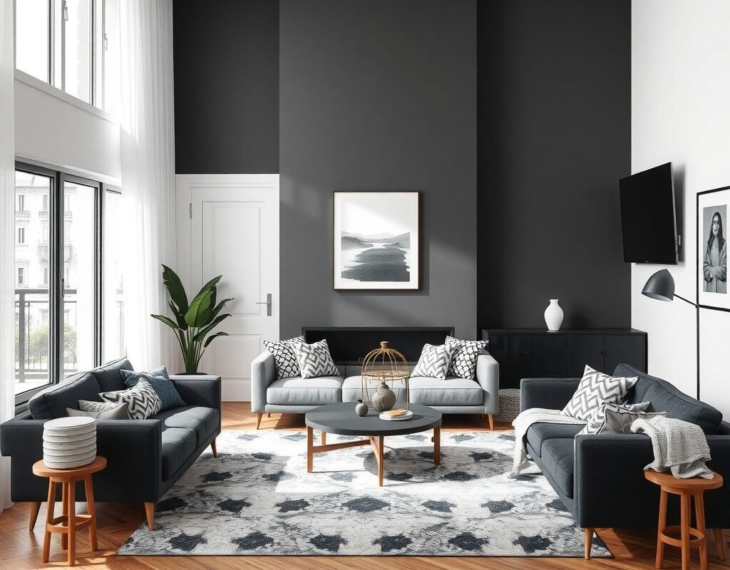 black and white with warm wood