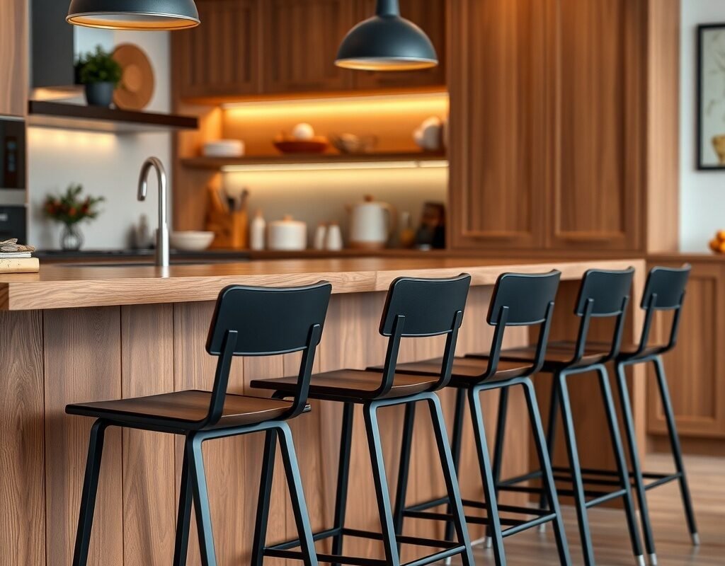 black bar stools at brown wood counter