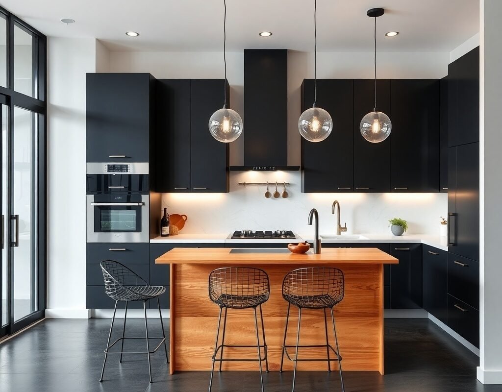 black cabinets brown wood island