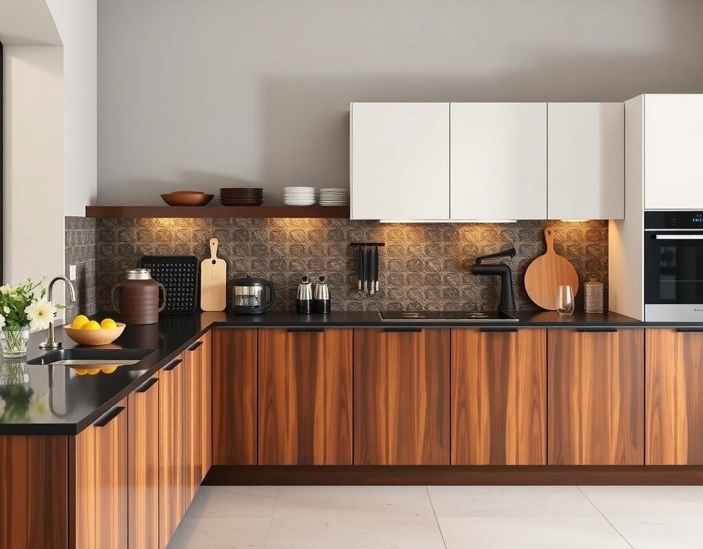black countertops with brown base cabinets