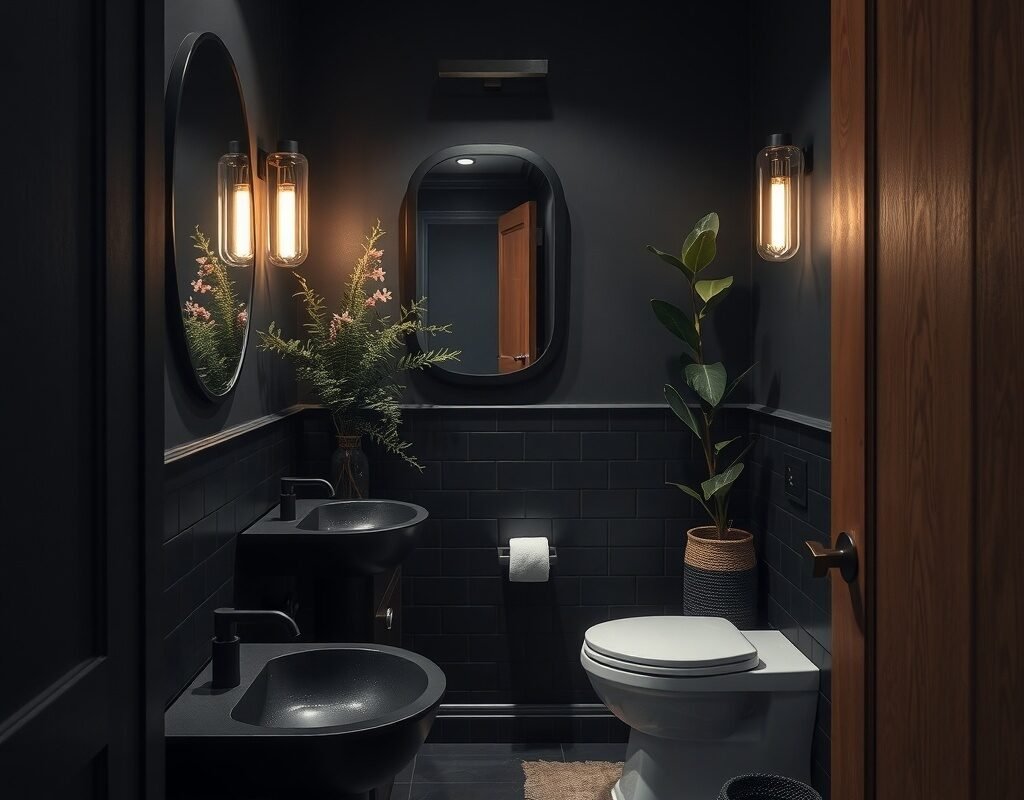 black fixtures with natural wood