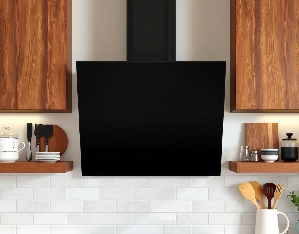 black range hood with brown wood surround