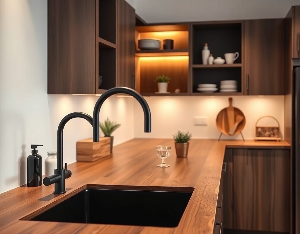 black sink and faucet brown wood counter