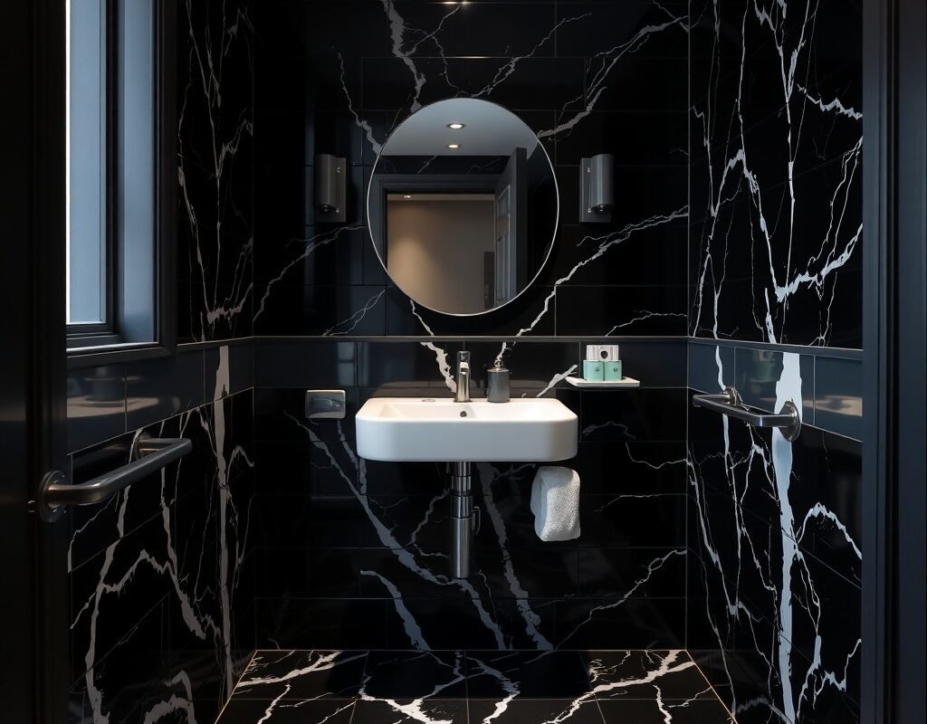 black tile with white veining