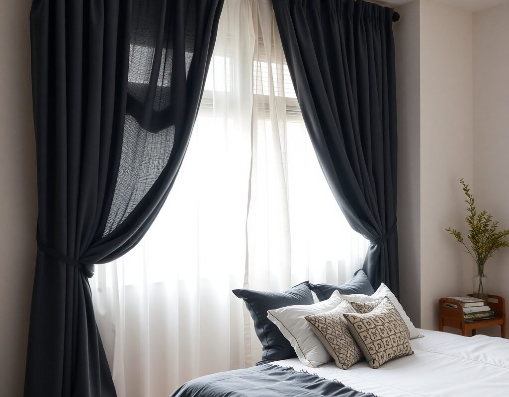 blackout curtains layered with sheer white curtain