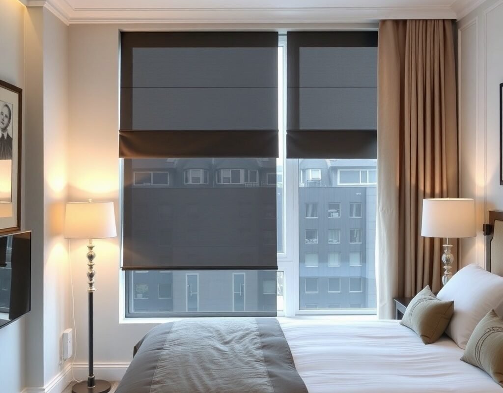 blackout roller shade plus side drapes for a polis