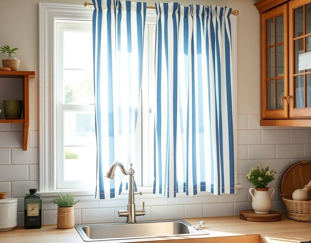blue and white ticking stripe curtains for a fresh