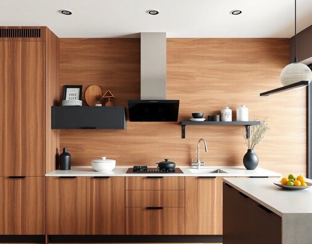 brown wood accent wall with black trim