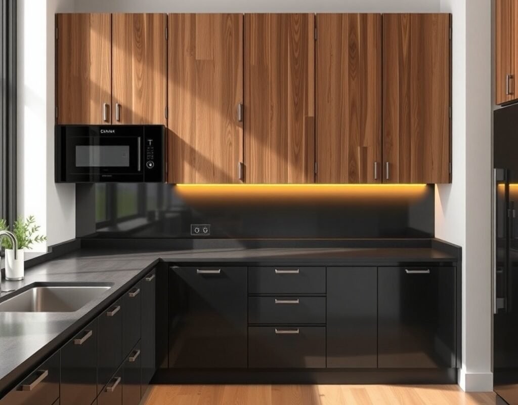 brown wood upper cabinets black lower cabinets