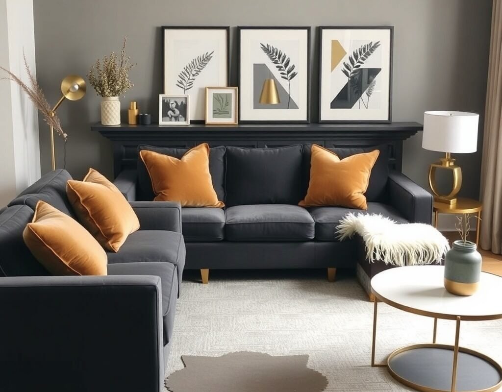 charcoal tan and brass accents