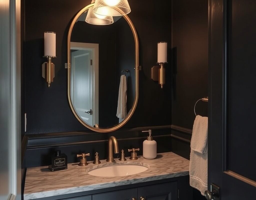charcoal walls with brass fixtures