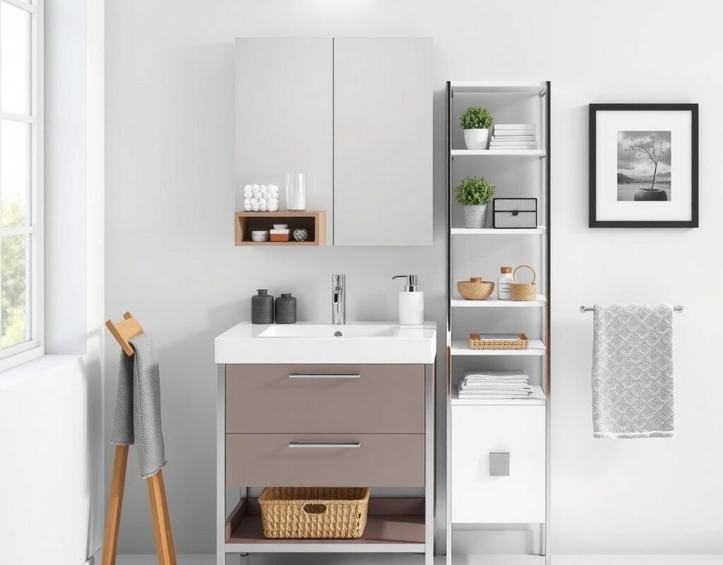 compact vanity with corner storage tower