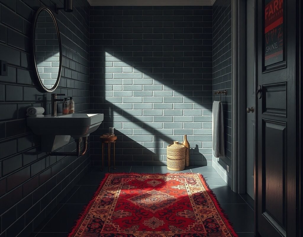 dark tile floor with rug