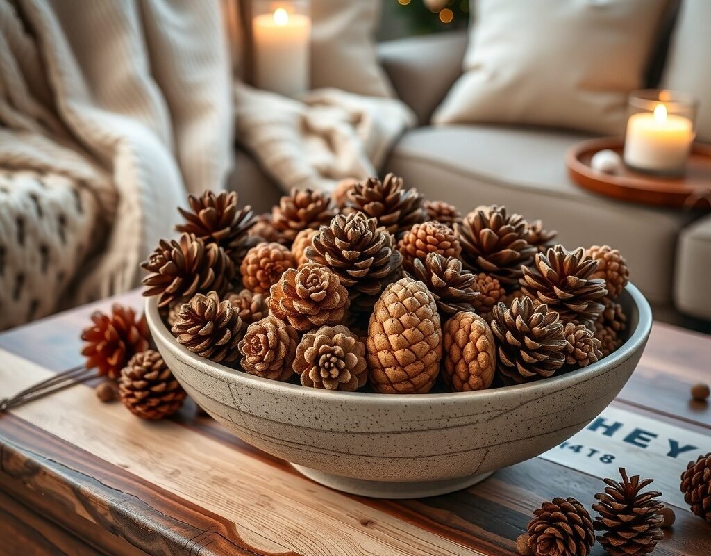 decorative bowl with pinecones