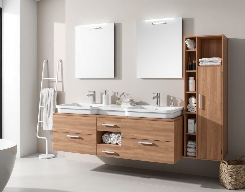 double sink vanity with built in storage tower