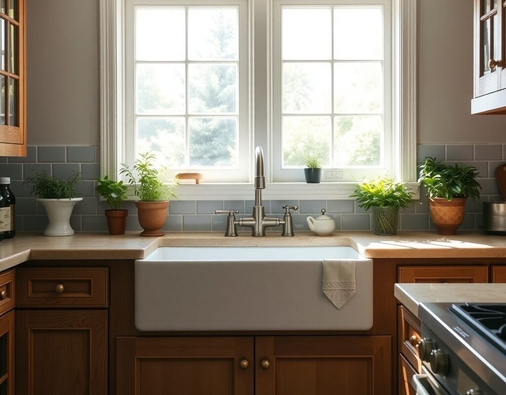 farmhouse sink under a big window