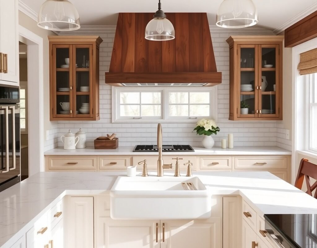 farmhouse sink with quartz counters and subway til