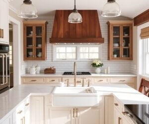 farmhouse sink with quartz counters and subway til