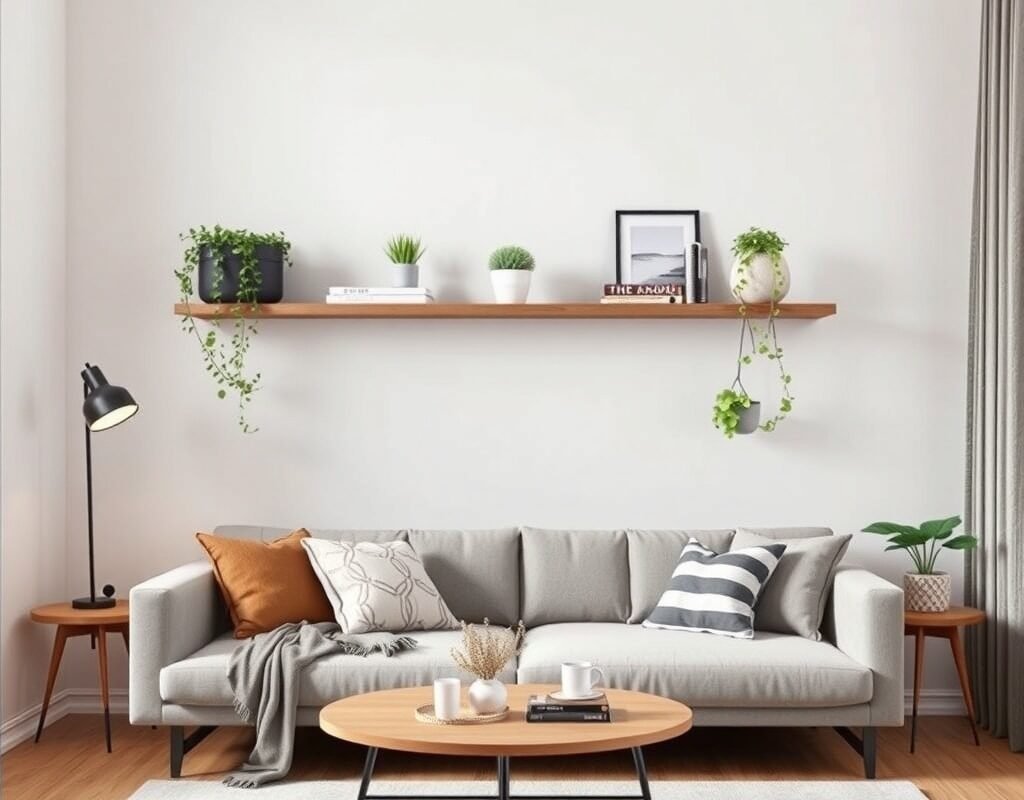 floating shelves above the sofa