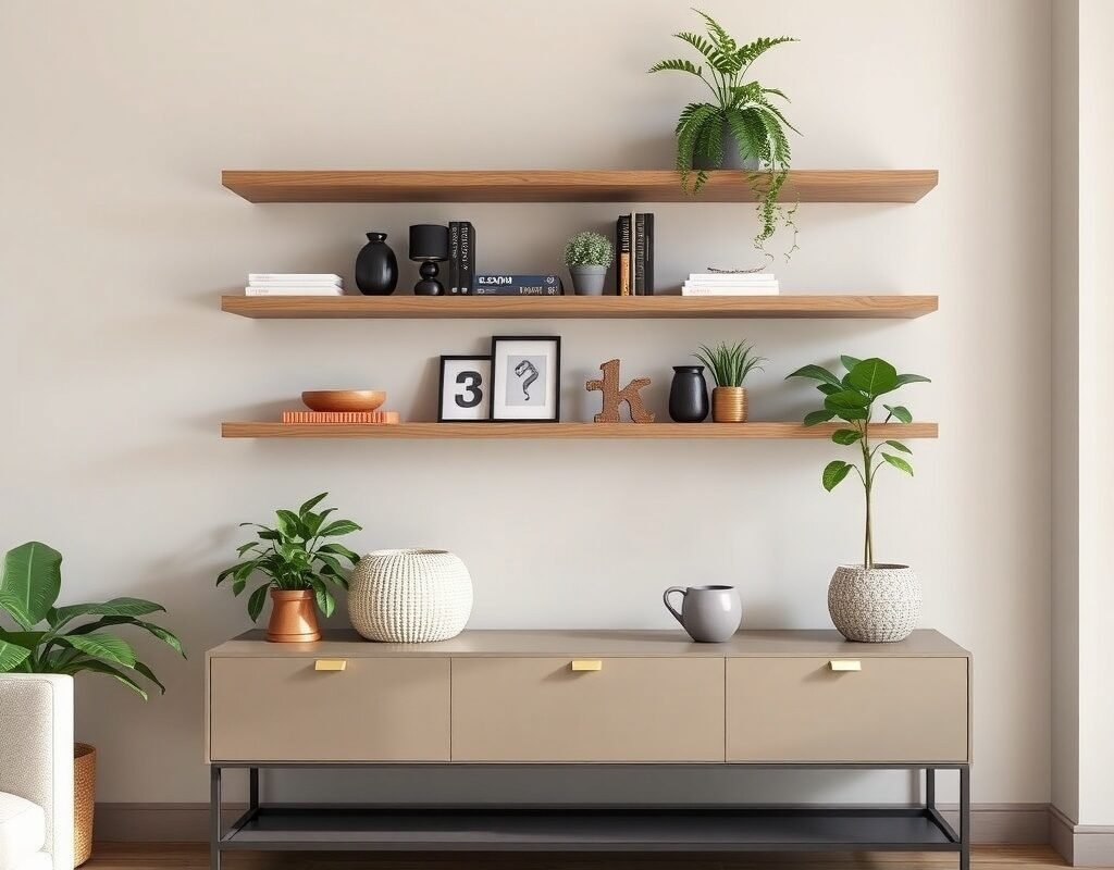 floating shelves over a console table